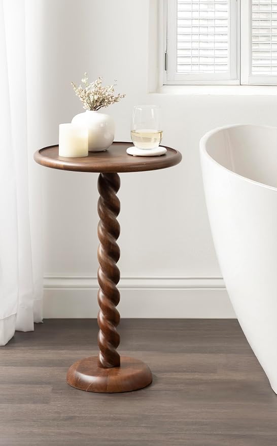 Kate and Laurel Willoughby Modern Wooden Spiraled Round Side Table, 15 x 15 x 24, Walnut Brown, Accent Pedestal End Table with Turned Base for Use as Indoor Plant Stand or Bedroom Nightstand Option