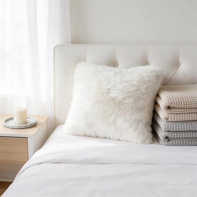 Luxury Soft Fur Sheepskin Fleece Cushion Cover Pillowcase Decorative Throw Pillows Covers, No Pillow Insert, 1pc (Pearly White, 18"×18")