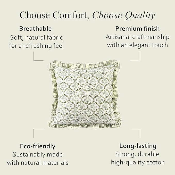 CPC Fern Regal Hand Block Print 100% Cotton Ruffle Throw Pillow Cover 20x20 inch with Hidden Zipper Decorative for Couch, Bed, Sofa, Farmhouse, Cottagecore Decor Gift Christmas Fall Thanksgiving
