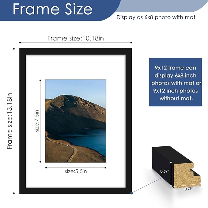 PEALSN 9x12 Picture Frame Set of 6, Display Pictures 6x8 with Mat or 9x12 without Mat for Wall Mounting or Table Top Display, Photo Frames Collage for Wall Decor, Black