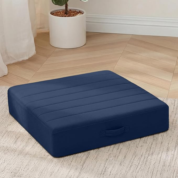 MeMoreCool Square Floor Pillow for Adults and Kids, Large Meditation Cushion with Thick Foam and Washable Tufted Cover, 24-Inch Navy Seat for Yoga and Sitting