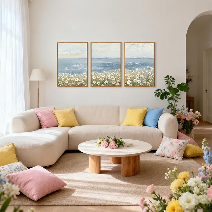 TOARTi Large Framed Coastal Wildflower Canvas Wall Art Set,Watercolor Beach Daisy Flower Ocean Wall Decor,Nature Seaside Landscapes Art Prints for Farmhouse Home Living Room Bedroom Office-24”x35”x3