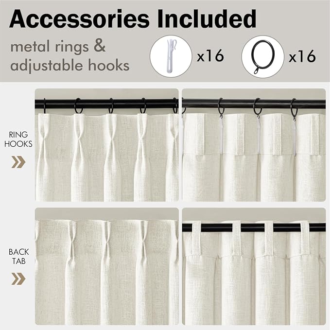 MIULEE Pinch Pleated Linen Curtains 96 Inches Long 2 Panels for Living Room Bedroom, Memory Trained Drapes Pinch Pleat Back Tab Light Filtering Neutral Ivory Cream Farmhouse Boho Window Curtains