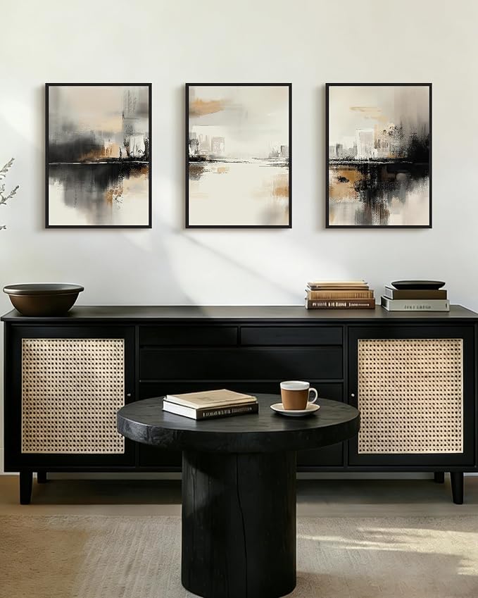PHOPAGO Black Gray Abstract Landscape Framed Wall Art Brown Tan Neutral Wall Decor Minimalist Modern Illustrations Prints Bedroom Home Decor - 12x16in Black Framed