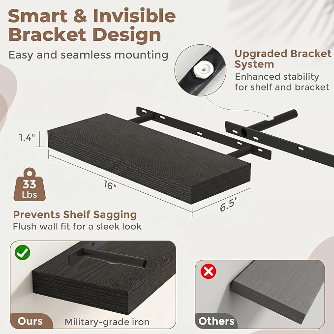Venusmiles Floating Shelves for Wall, 16 Inch Floating Shelves Set of 2, 6.5" D Wooden Wall Mounted Display Shelves with Invisible Brackets for Living Room, Bedroom, Bathroom, Kitchen Decor, Black