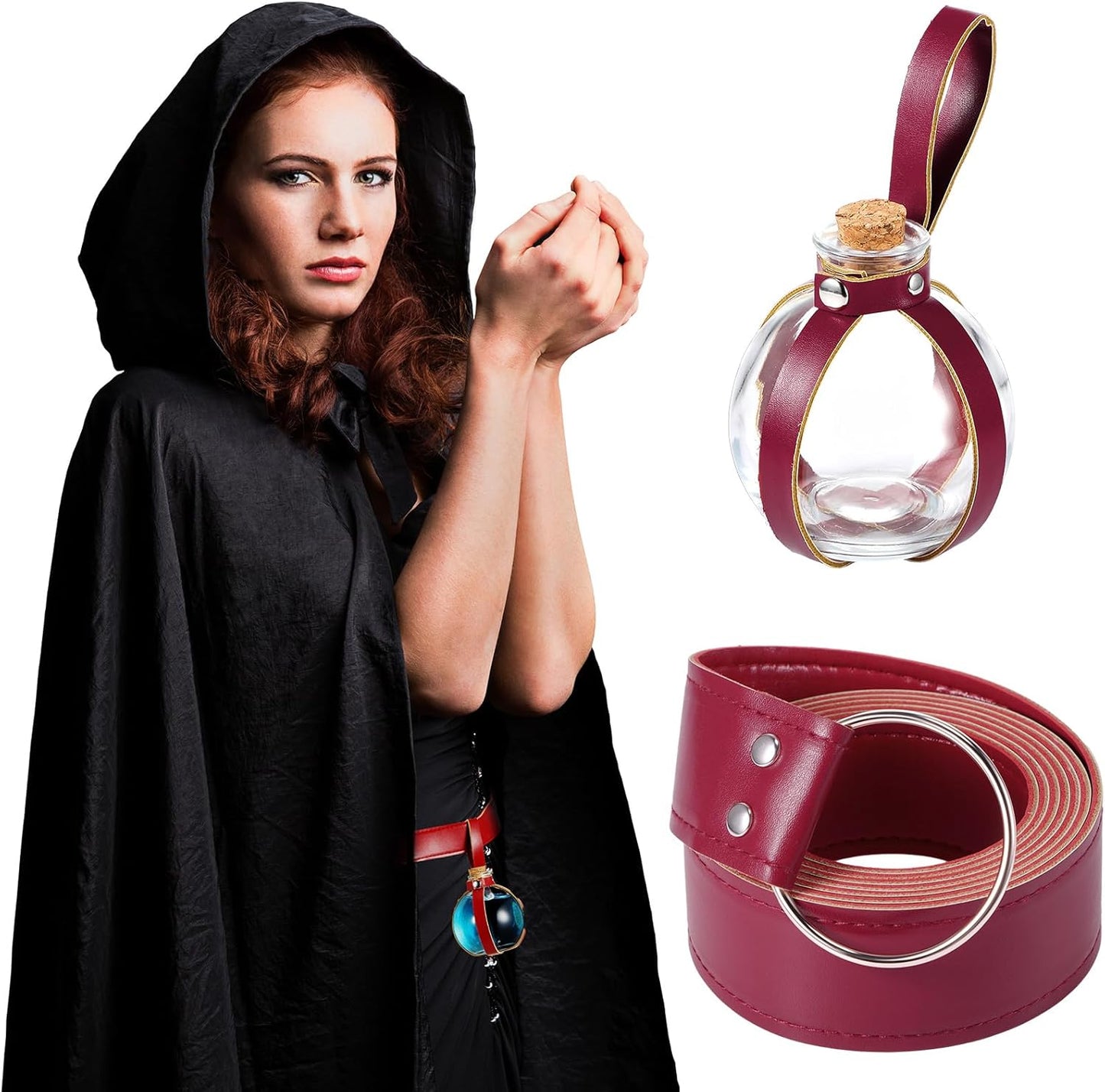 Boao Potion Bottles with Cork Set Dark Magic Cork Round Potion Bottle with Leather Belt Clear Glass Large for Halloween Costume Props DIY Crafts Decorative, 200 ml(Claret)