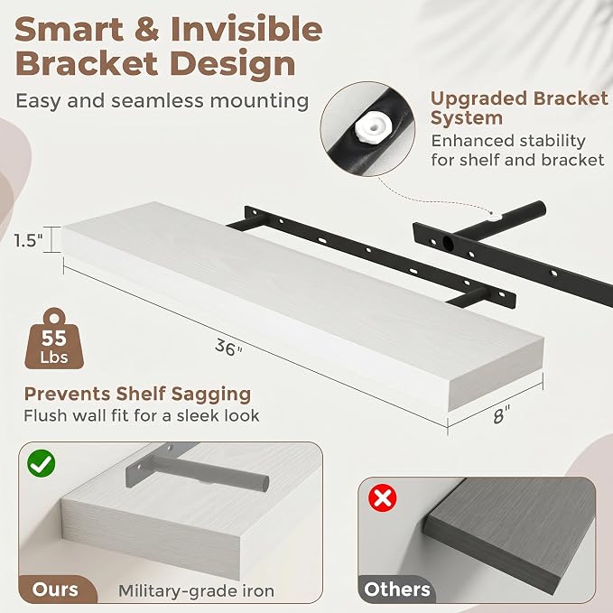 36 Inch Floating Shelves for Wall, 8"D Wood Storage Shelves, White Finish | Engineered Wood, Invisible Bracket, Large Storage, Easy Install, Hold Up to 55lbs, Living Room, Bathroom, Bedroom, Kitchen