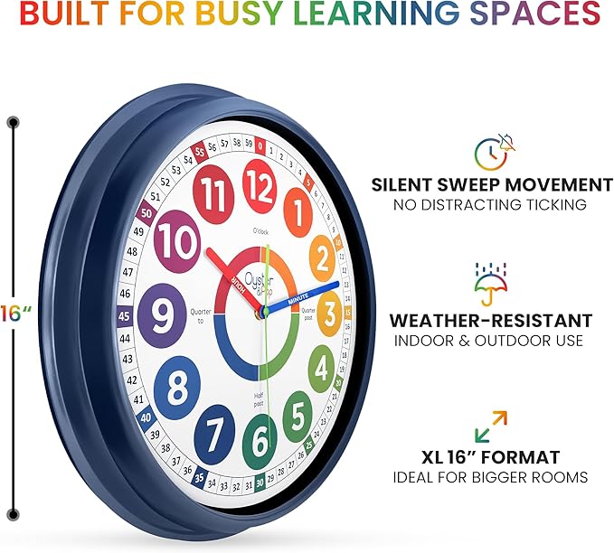 Oyster&Pop 16 Inch Extra Large Classroom Clock for Kids Learning to Tell Time – Silent Non-Ticking Analog Wall Clock – Color Coded Easy to Read – Indoor Outdoor