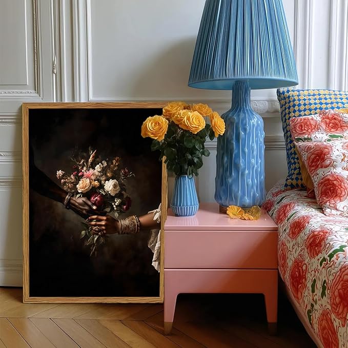 Framed Black Love Floral Wall Art, African American Couple Canvas Wall Decor Prints, Dark Romantic Holding Flowers Paintings Pictures Moody Home Decor Aesthetic for Living Room Bedroom 16x24 inch