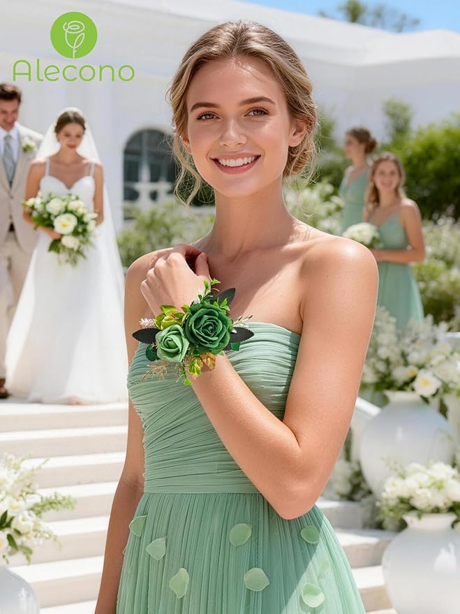Alecono Green Corsage and Boutonniere Set, Corsages for Bride Bridesmaid Groom Bridegroom, Artificial Flowers for Prom Graduation Ceremony Anniversary