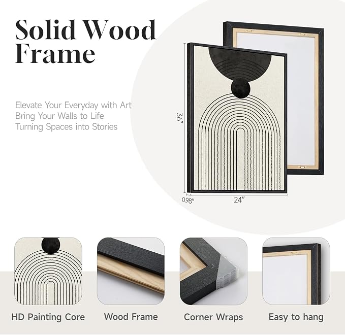 Framed Black and White Abstract Wall Art for Living Room, 3 Piece Modern Geometric Minimalist Canvas Artwork for Walls, Large Boho Neutral Prints Wall Decor for Bedroom Home Office Hallway, 24x36 Inch
