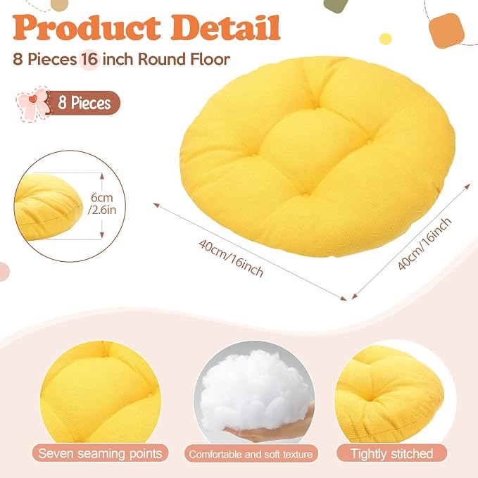 Fumete 8 Pcs 16 Inch Floor Cushions Pillow for Kids Bulk Classroom Round Flexible Seating Floor Cushions for Students Home Daycare School Reading Corner Yoga Meditation Picnic (Warm Earthy Tones)