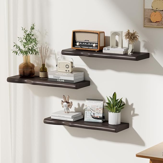 Floating Shelves for Wall Rustic Farmhouse 24 Inch Floating Shelf Bathroom Wooden Shelves for Wall Mounted Live Edge Pine Shelf with Unique Natural Grain for Living Room Bedroom Kitchen (Grey)
