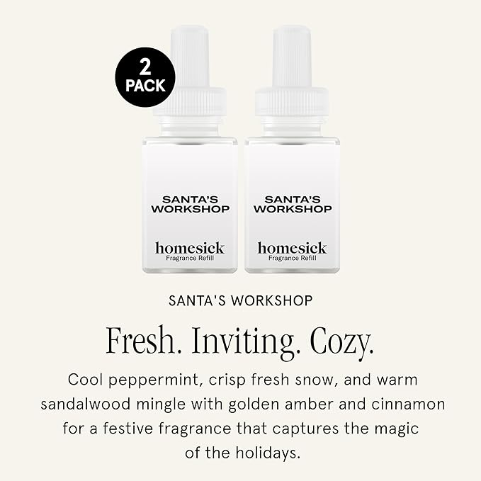 Pura & Homesick Home Scent Refill - Smart Home Air Diffuser Fragrance - Long-Lasting Luxury Scent per Refill - Clean Diffuser Fragrance - Household Essential - 2 Pack, Santa's Workshop