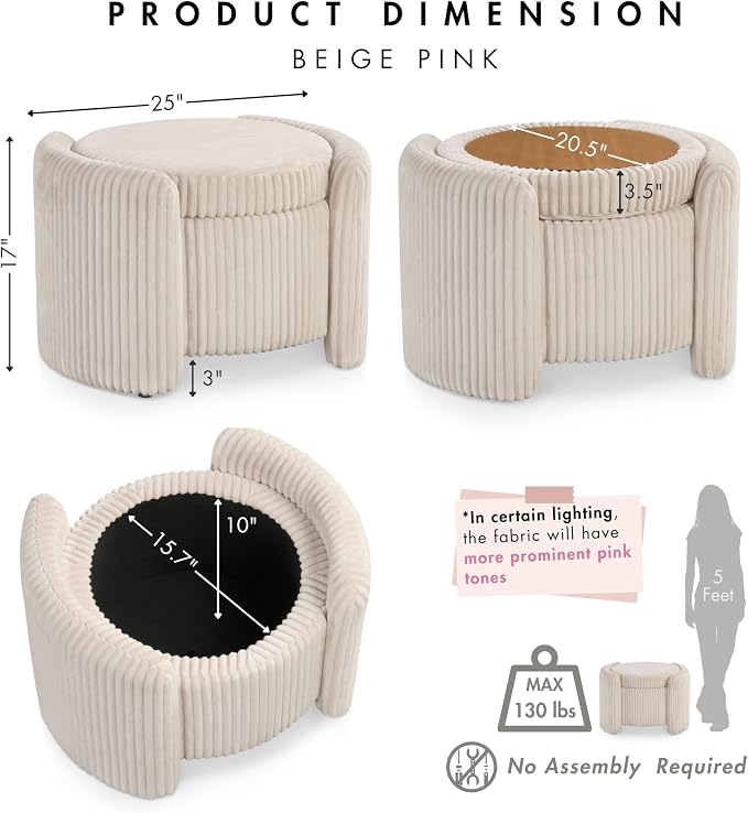 Furniture of America Lennox Modern Chenille 25-inch Round Storage Ottoman with Reversible Flip Top, Upholstered Footstool for Living Room, Bedroom, Entryway, Beige Pink