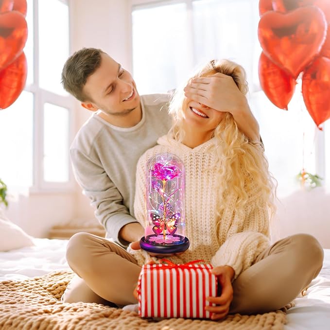 Mothers Day Mom Gifts for Mom Women Birthday Gift Galaxy Glass Rose in Glass Dome Forever Eternal Crystal Flowers with Butterfly Mother's Day Flowers Gifts for Women Wife Grandma Daughter Sister Pink