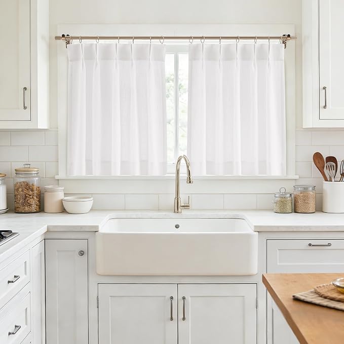 Vision Home White Pinch Pleated Tier Curtains 24 inch, Semi Sheer Kitchen Curtains with Back Tab & Hooks, Light Filtering Small Window Panels for Bathroom Laundry, 25" Wx24 Lx2