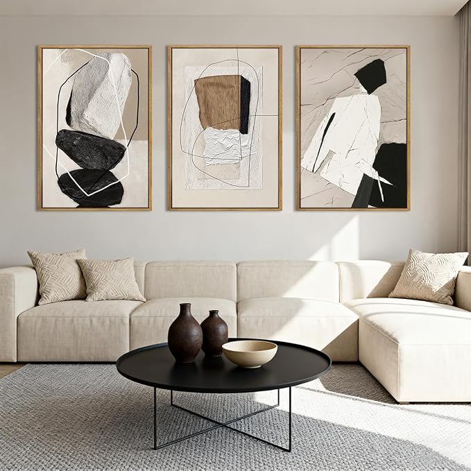 ANHUIB Large Abstract Wall Art Canvas,Black Beige Artwork,Neutral Modern Framed Wall Art, Minimalist Geometric Painting,24x36 Inches Set of 3 for Living Room Bedroom