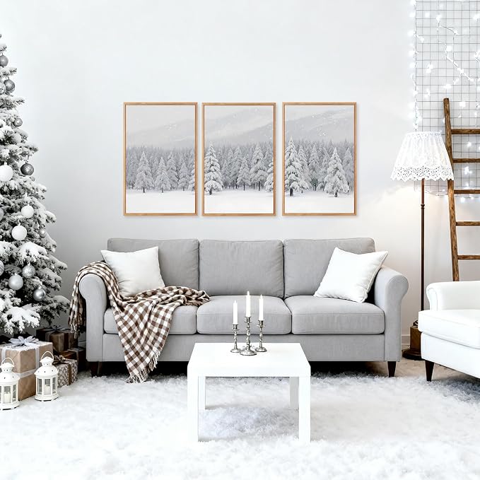 CHDITB Snowy Christmas Pine Trees Framed Canvas Wall Art(16"x24"), 3 Panels Winter Forest Landscape Artwork Prints, Large Neutral Abstract Nature Evergreen Snow Scene Xmas Gift Decor for Home Office Bedroom