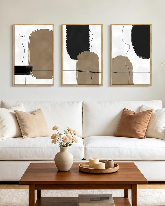 PHOPAGO Abstract Framed Wall Art Large 16x24in Neutral Beige Mid Century Textured Artwork Black Minimalist Line Modern Illustrations Prints Home Decor - Natural Framed