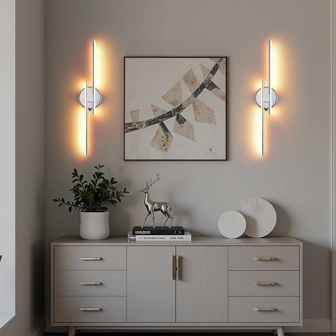 Rechargeable Battery Operated Wall Sconce Set Of Two, Chrome Wireless LED Wall Sconces With Remote Control, Dimmable 3 Colors Cordless wall lights for Living Room, bedroom, Hallway, 23.6 Inch ( 2pcs)