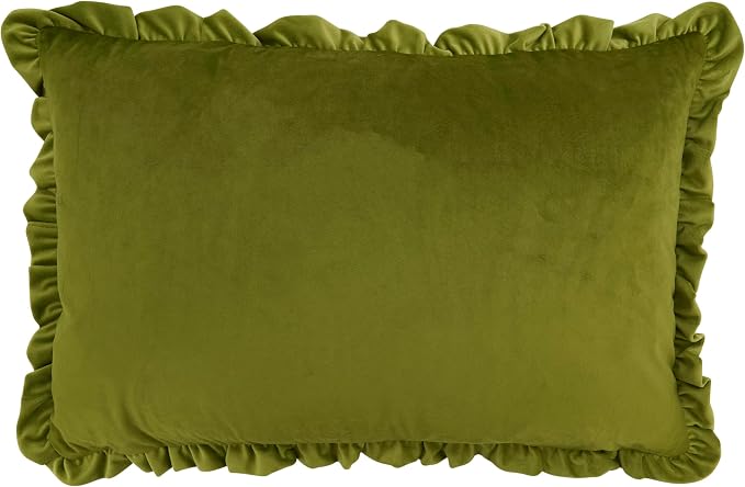 SARO LIFESTYLE Ruffle Edge Velvet Throw Pillow - Soft Velvet Throw Pillow with Down Filled Comfort for Cottage Home Decor, Cozy Living Spaces and Bedroom Accents, 16"x24", Kiwi