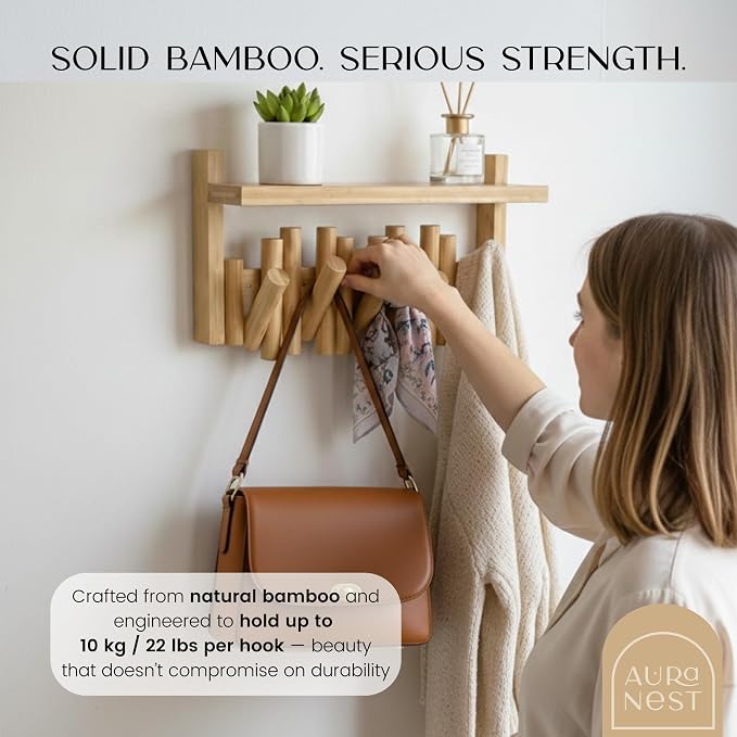 Bamboo Wall Mounted Coat Rack with Shelf Flip Down Wooden Hooks for Entryway Hallway Bedroom | Natural Piano Hanger, 5 Hooks, Space Saving Organizer