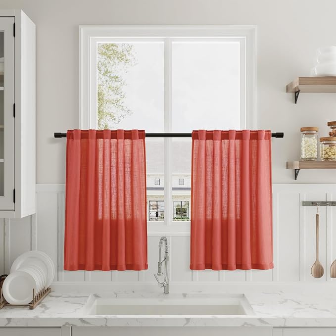 Brick Red Kitchen Tier Curtains 24 Inch Length Linen Blend Privacy French Country Light Filtering Short Curtain with Rod Pocket Back Tab for Over Sink Window Bathroom Laundry 2 Panels 30Wx24L