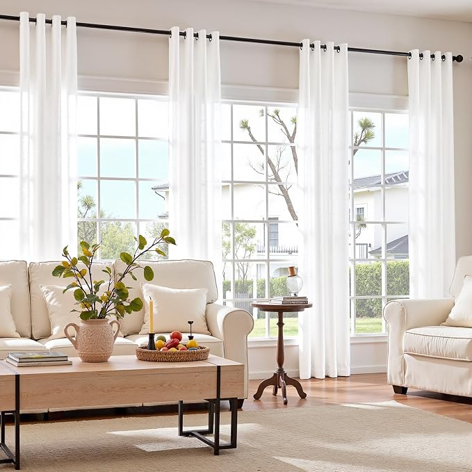 jinchan White Linen Blend Curtains for Living Room 84 Inch Length 2 Panels Set Semi Sheer Light Filtering Grommet Curtains for Bedroom Light Weight Soft Window Grommet Drapes Cream 50W x 84L Inch