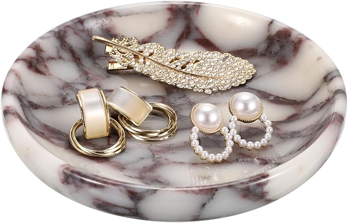Small Round Key Bowl for Entryway Table - 5.5" Natural Marble Jewelry Dish Tray Decorative Key Plate Holder Catch All Bowl for Earring Necklace Ring Holder for Bathroom