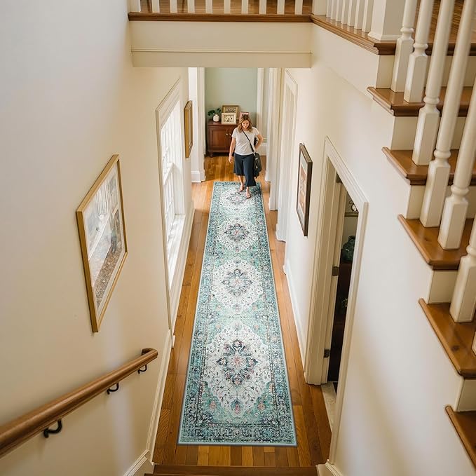 RELEANY Area Rugs 2'x10' Runner Rug Non Slip Washable for Kitchen Hallway Bedroom Beside Laundry Room Bathroom Rug, Floor Carpet, Green Navy Blue White Red Teal Colorful