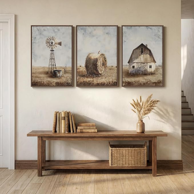 Framed Vintage Farmhouse Wall Art for Living Room, Set of 3 Neutral Rustic Barn Windmill Large Canvas Prints, Country Hay Bale Wall Decor for Bedroom Dining Room Hallway 20x30 Inch