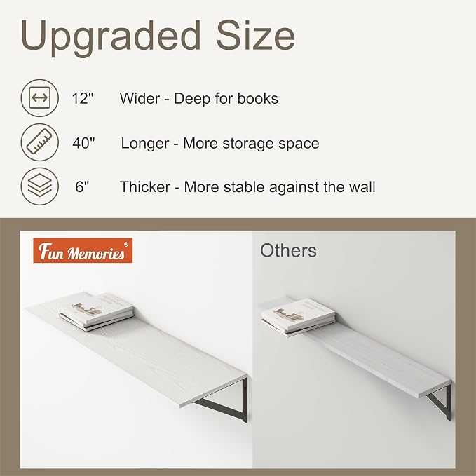 Fun Memories 40 Inch Floating Shelves, 12 Inch Deep Wall Shelf, 40 x 12 Floating Shelf Set of 2, White Wood Floating Shelf Wall Mounted, Large Kitchen Living Room Bedroom Storage Shelves