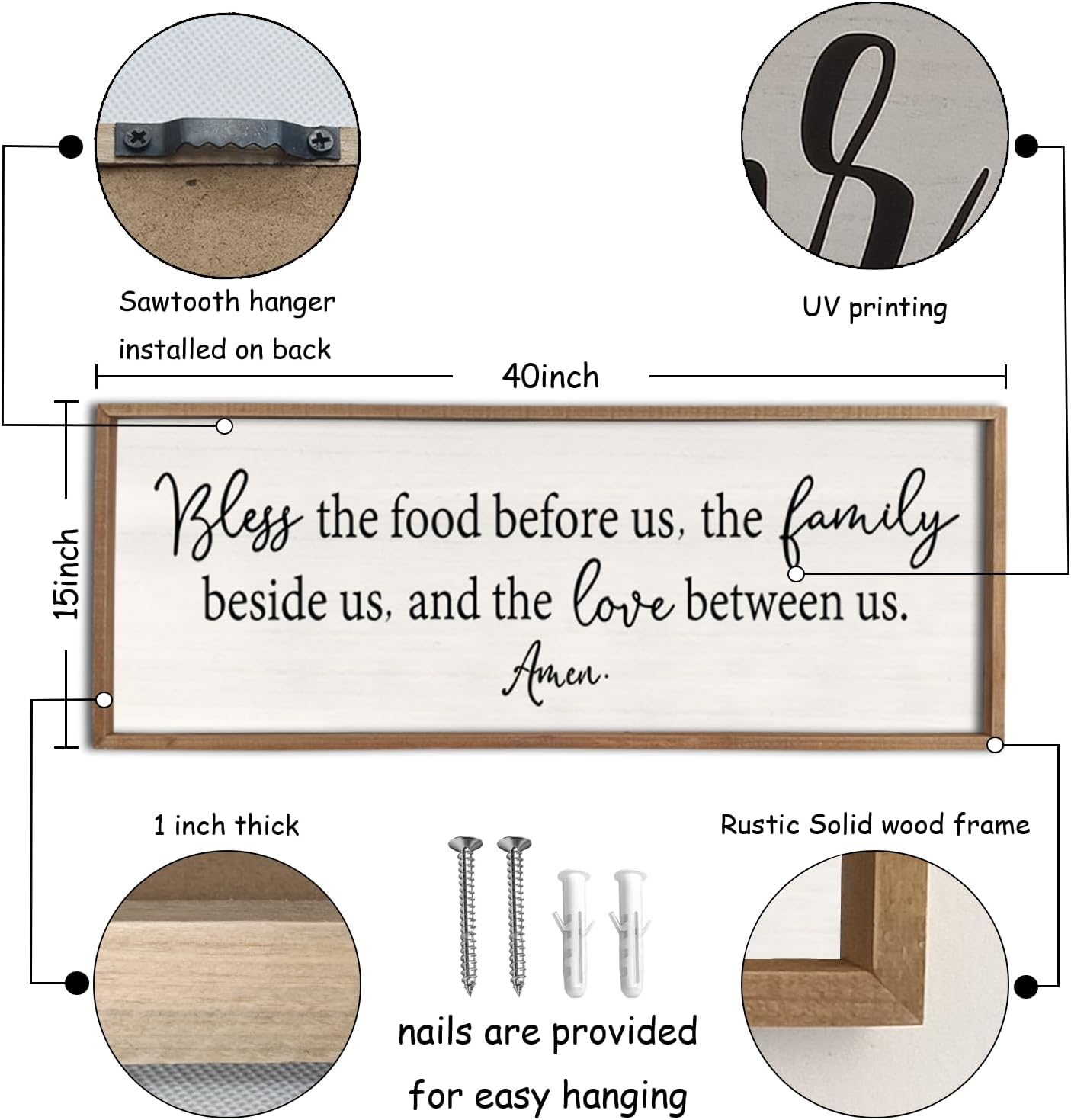 Bless the Food Before Us Sign Wall Decor 40"X15" Large Farmhouse Dining Room Wall Decor Framed Wood Rustic Home Wall Art Kitchen Hanging Decoration (Wood White)