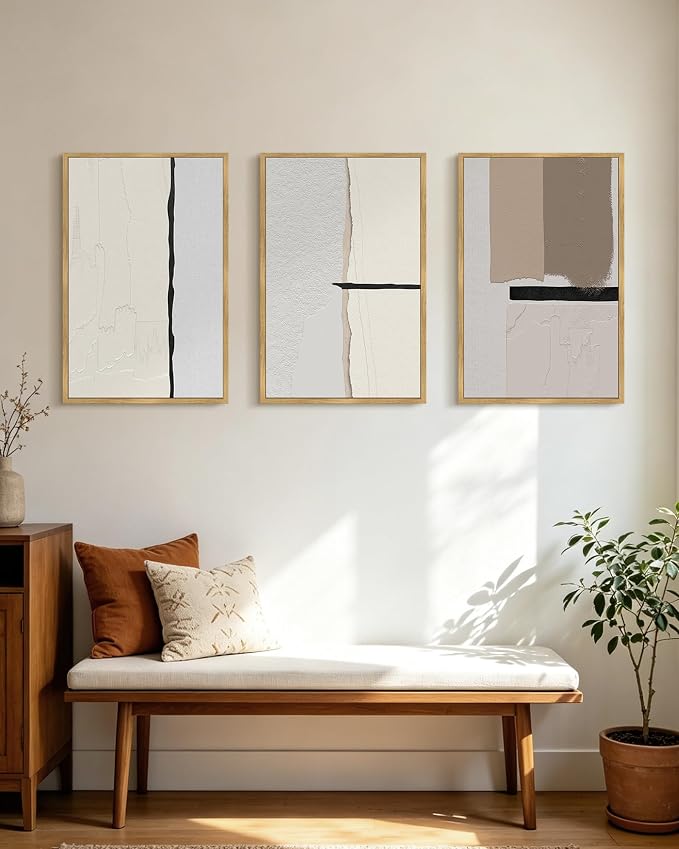 PHOPAGO Neutral Abstract Framed Wall Art Large 16x24in Beige Mid Century Textured Wall Decor Minimalist Modern Illustrations Prints for Ding Room Bedroom Decor - Natural Framed