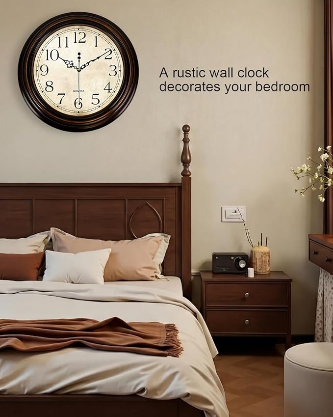 Vintage Wall Clock 13 Inch Quartz Silent Non-Ticking Analog Clock Battery Operated Rustic Round Decorative Clock for Living Room Kitchen Home Office Classroom