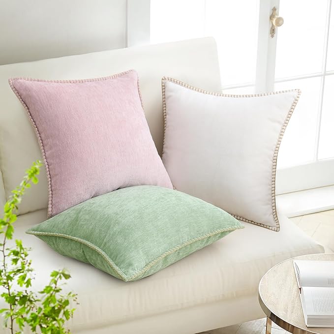 decorUhome Summer Chenille Soft Cozy Throw Pillow Covers 24x24 Set of 2, Modern Farmhouse Boho Velvet Decorative Euro Sham Pillow Cases with Stitched Edge for Couch Sofa Bed Home Decor, Cream White