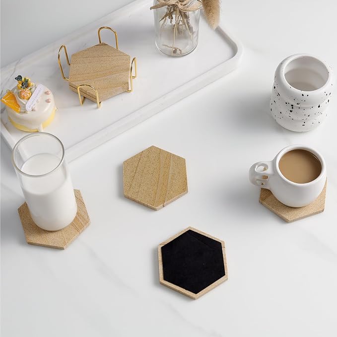 Hexagonal Sandstone Coasters Set of 6 with Holder, Absorbent Stone Coasters with Soft Backing for Table Protection, Farmhouse Rustic Sandstone Coaster for Coffee Table Desk Patio Home Decor