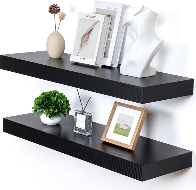 FLYJOE 12'' Deep Floating Shelves, 36 Inch Black Floating Shelves Set of 2, 36''x 12'' x 2'' Rustic Black Wood Shelves, Include Metal Brackets and Hardware, 45Lbs Load Bearing Capacity