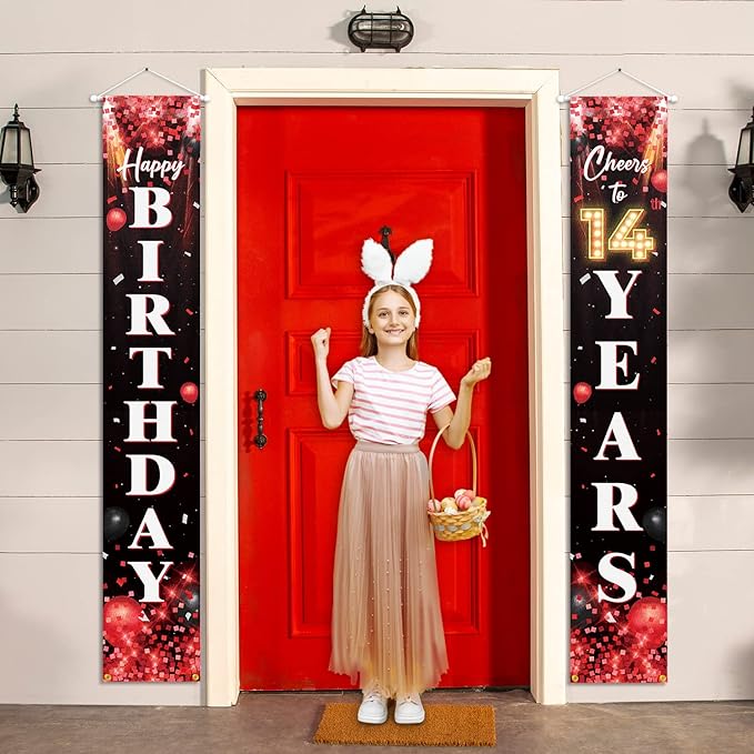 Happy 14th Birthday Porch Sign Door Banner Decor Red and Black – Glitter Cheers to 14 Years Old Birthday Party Theme Decorations for Boys Girls Supplies