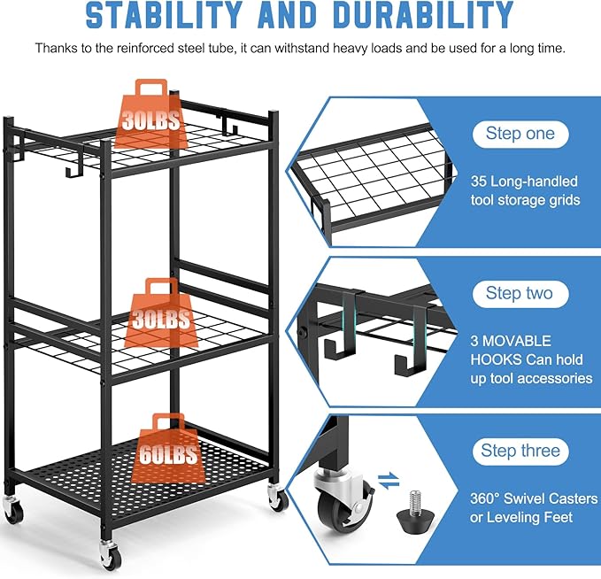 DAOUTIME Garden Organizer With Wheels, Yard Tower Rack for Garage Storage, Up to 35 Long-Handled Tools, Sturdy Metal Steel Holder With 3 Hooks, Outdoor, Black
