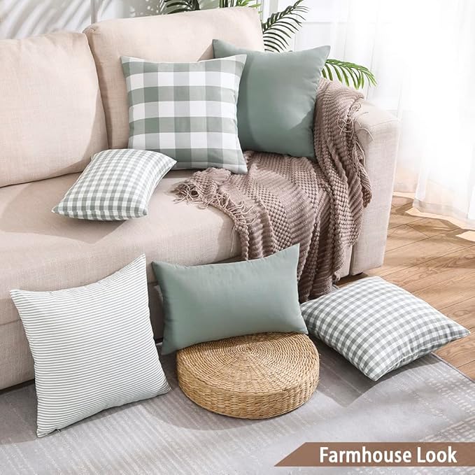 CARRIE HOME Farmhouse Sage Green Plaid Pillow Covers 18x18 Set of 2 Neutral Throw Pillows Light Green Outdoor Indoor Checkered Decorative Pillow Covers 18 x 18 for Couch Porch and Patio, Grey Green