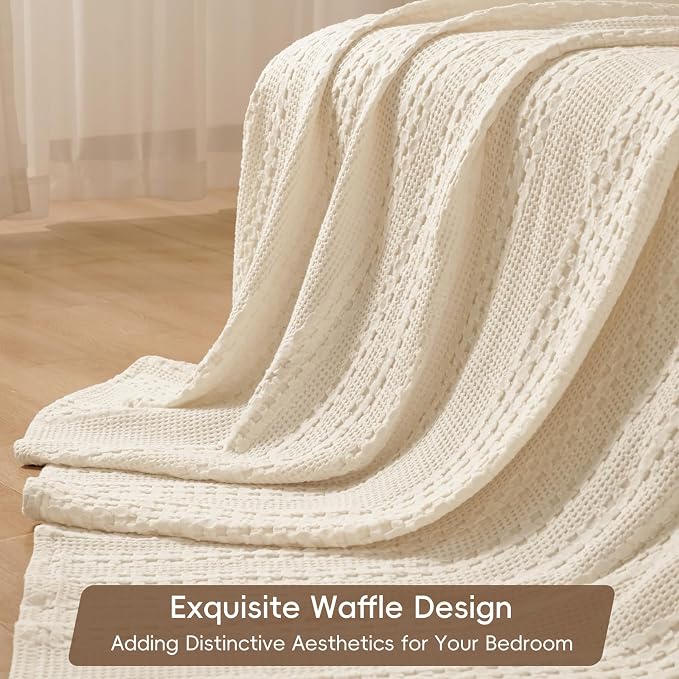 PHF 100% Cotton Waffle Blanket King Size for Bed, Lightweight Breathable and Soft for Summer, Luxury Aesthetic Waffle Weave Blanket for Home Decor & Gifts for Women, 108"x90", Natural