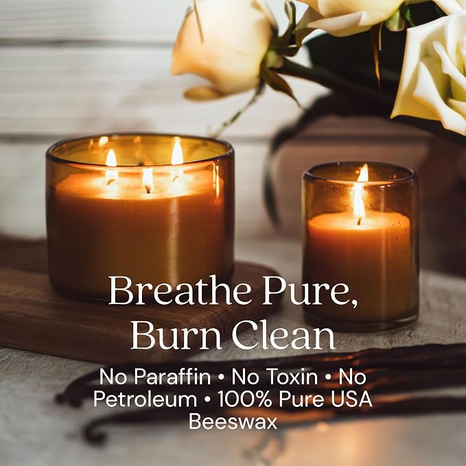 Bluecorn Beeswax 3-Wick Candle Refill – 22oz Amber Glass Jar, 100% Pure Beeswax, Unscented – 40 Hr Long Burn, Cotton Wick, Non Toxic – Handmade in USA, 1 Count