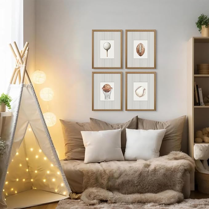 Sports Wall Art Decor Toddler Boys Room Canvas Prints Vintage Sports Nursery Wall Decor Kids Poster Football Baseball Pictures Basketball Golf Painting Artwork for Bedroom 8x10x4 Inch Wood Framed