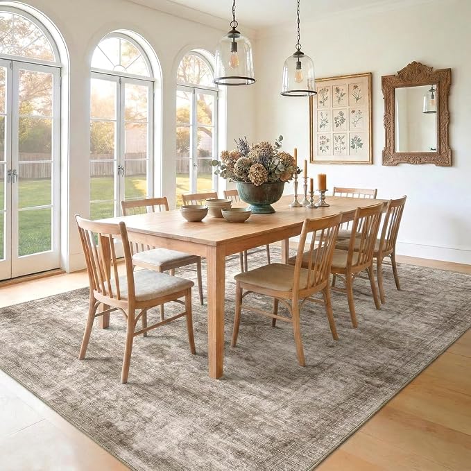 Homemate Washable Rug 8x10 Area Rugs - Vintage Faux Wool Rugs for Living Room Bedroom Dining Room - Non Slip Foldable Carpet Indoor Area Rug for Home Decor（8'x10', Brown