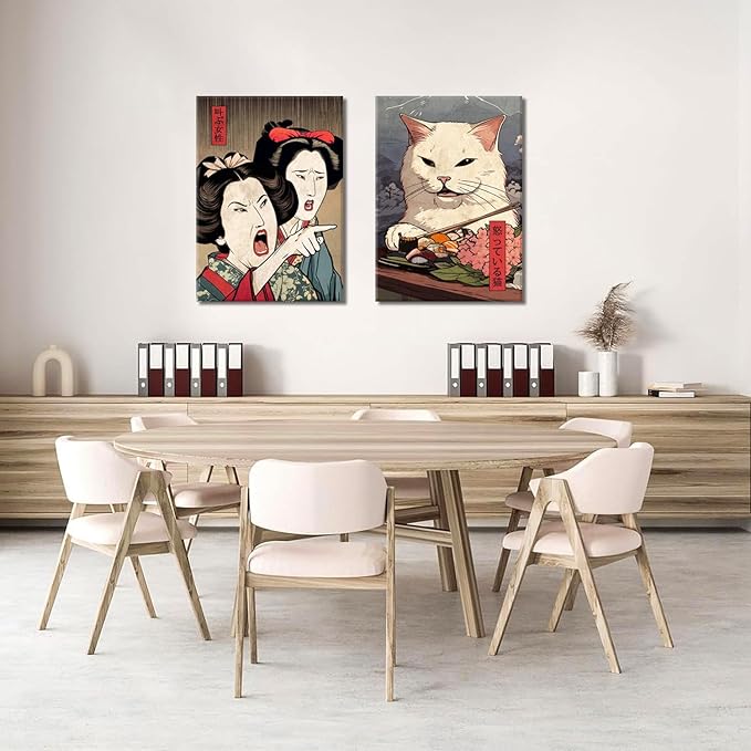 Funny Anime Posters Japanese Decor Set of 2 - Woman Yelling at Cat Canvas Wall Art, Vintage Anime Cat Wall Decor for Living Room, Corridor, Kitchen Home Decor - 16x24 in Framed