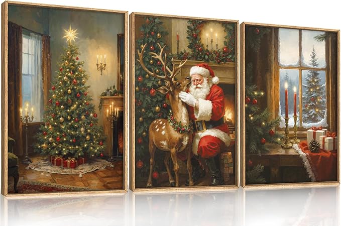 Vintage Christmas Wall Art Set, Santa Reindeer Snowy Painting, Lit Tree Candle Window Artwork for Living Room, Bedroom, Fireplace, Xmas Gifts for Home Decoration -16"x24"x3