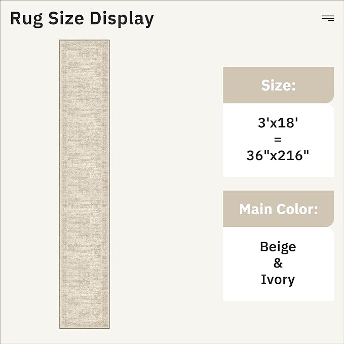 Soalmost Hallway Runner Rug 3x18 - Kitchen Rugs 18ft Washable Entryway Rug Vintage Kitchen Runners Non Slip Farmhouse Indoor Carpet Runner for Living Room Bedroom, Beige