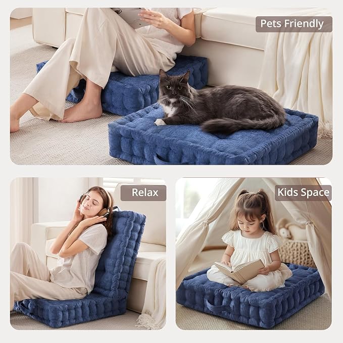 Intelligent Design Azza Floor Pillow, Large Cushions Sitting for Adults, Floor Pillow for Meditation or Yoga, Lustrous Chenille Tufted with Scalloped Edges for Bench/Chair Cushion, 24"x24"x5" Navy